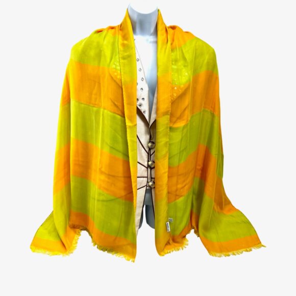 HERMES ParisLightGreen Orange Chiffon silk Scarf 70"x2 8  Logo H PrintFringe(34 - Picture 7 of 14